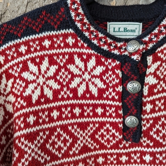 VTG 80s L.L. Bean Fair Isle Snowflake 100% Cotton Pullover Henley Sweater Small - Picture 2 of 7